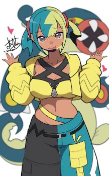 1girl aqua_hair aqua_pants bandeau black_hair black_pants blonde_hair blue_eyes breasts canari_(pokemon) cleavage collarbone commentary_request dark-skinned_female dark_skin eelektross gen_5_pokemon hands_up highres jacket long_sleeves looking_at_viewer medium_breasts midriff mituyota_76 multicolored_hair navel nintendo open_mouth pants pokemon pokemon_(creature) pokemon_legends:_z-a signature simple_background two-tone_pants white_background yellow_bandeau yellow_jacket