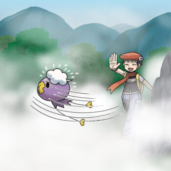 Rule 34 | 1boy, artist request, backpack, bag, black hair, black vest, closed eyes, commentary request, defog (pokemon), drifloon, floating, flying sweatdrops, fog, gen 4 pokemon, hat, lucas (pokemon), motion lines, nintendo, official art, open mouth, outdoors, outstretched arm, pants, pokemon, pokemon (creature), pokemon dppt, pokemon move, red hat, red scarf, scarf, second-party source, short hair, short sleeves, smile, solid oval eyes, vest, yellow bag