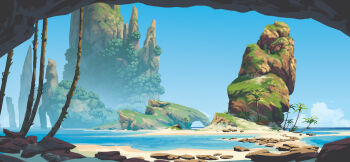 beach blue_sky commentary day english_commentary landscape lorenzo_lanfranconi moss mountain no_humans ocean original outdoors painterly palm_tree rock sand scenery shore sky tree tropical