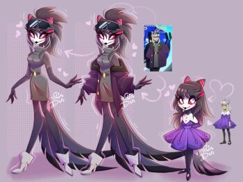 1girl aged_down artist_name bare_shoulders belt black_belt black_hair blonde_hair brown_dress child closed_mouth colored_sclera dress furry furry_female grey_background heart hellaverse helluva_boss highres jacket long_hair long_sleeves looking_at_another multiple_views octavia_(helluva_boss) open_clothes open_jacket owl_girl red_sclera shoes smile veliadia white_eyes