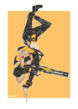 1girl absurdres black_gloves black_pants blindfold_mask blonde_hair breasts camouflage commentary_request covered_eyes fingerless_gloves gloves hair_ornament highres holding jacket large_breasts long_hair mask navel original pants ponytail solo tchenart trigger_(zenless_zone_zero) zenless_zone_zero