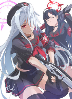 2girls absurdres assault_rifle beret black_gloves black_hair black_serafuku black_skirt black_thighhighs blue_archive bullpup closed_eyes cosplay em-2 fingerless_gloves gloves gun halo hat head_wings highres holding holding_gun holding_weapon ichika_(blue_archive) justice_task_force_member_(blue_archive) justice_task_force_member_(blue_archive)_(cosplay) long_hair multiple_girls nikulas_cage pink_halo red_eyes red_halo rifle school_uniform serafuku sig_mcx sig_sauer single_head_wing skirt suzumi_(blue_archive) thighhighs weapon white_hair white_wings wings