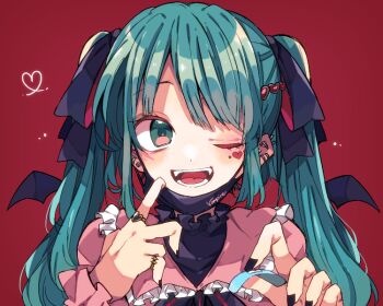 1girl ;d black_nails black_ribbon blue_hair collared_shirt commentary_request facial_mark fangs frilled_shirt_collar frills green_eyes hair_ribbon hands_up hatsune_miku heart heart_facial_mark holding_bandaid jewelry kaho_0102 long_hair long_sleeves looking_at_viewer mask mask_pull mouth_mask nail_polish one_eye_closed open_mouth pink_shirt portrait red_background ribbon ring shirt smile solo twintails vampire_(vocaloid) vocaloid