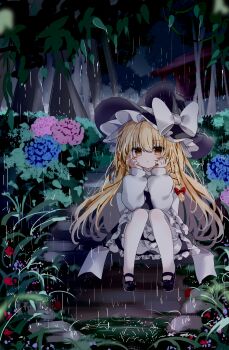 1girl absurdres apron back_bow black_hat black_shoes black_skirt black_vest blonde_hair bloomers blue_flower bow braid commentary flower forest hair_bow hat hat_bow highres hydrangea kirisame_marisa long_hair long_sleeves looking_at_viewer marisa_day mary_janes nature nya_(pixiv_100585577) orange_eyes outdoors pantyhose pink_flower rain red_bow shoes side_braid single_braid sitting skirt solo touhou underwear very_long_hair vest waist_apron white_apron white_bloomers white_bow white_pantyhose witch_hat