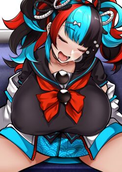 1girl absurdres alternate_breast_size_(larger) black_hair black_sailor_collar black_shirt blue_hair blue_skirt breasts closed_eyes collarbone commentary covered_erect_nipples cowboy_shot drooling eyewear_hang facing_viewer fate/grand_order fate_(series) hair_ornament hair_ribbon highres huge_breasts long_hair miniskirt mouth_drool multicolored_hair neckerchief nose_bubble open_mouth owner1657 parted_bangs red_hair red_neckerchief ribbon sailor_collar sei_shounagon_(fate) sei_shounagon_(first_ascension)_(fate) shirt sitting skirt sleeping solo spread_legs squeans sunglasses twintails unworn_eyewear