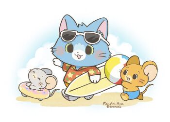 Rule 34 | animal, animal focus, artist name, ayu (mog), beach, blue cat, blush stickers, cat, cloud, commentary, day, donut innertube, english commentary, eyewear on head, green eyes, innertube, jerry (tom and jerry), mouse (animal), nibbles, no humans, outdoors, red shirt, shirt, short sleeves, sunglasses, surfboard, swim ring, tom (tom and jerry), tom and jerry, twitter username, whiskers
