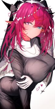 1girl absurdres alternate_costume arm_under_breasts black_coif black_dress blue_eyes breasts double_halo dress getto gloves guimpe halo heterochromia highres hololive hololive_english horns irys_(hololive) large_breasts leaning_forward long_hair long_sleeves looking_at_viewer multicolored_hair nun pink_eyes pointy_ears purple_eyes purple_hair red_hair simple_background solo star-shaped_eyewear star_(symbol) star_halo streaked_hair virtual_youtuber white_background white_gloves