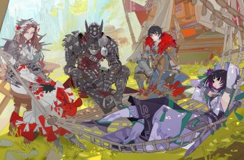 Rule 34 | 1boy, 1other, 2girls, absurdres, armor, black eyes, breasts, brown hair, dress, gloves, highres, long hair, looking at viewer, monster hunter (character), monster hunter (series), monster hunter wilds, multiple girls, nslacka, pauldrons, purple hair, short hair, shoulder armor, smile, weapon