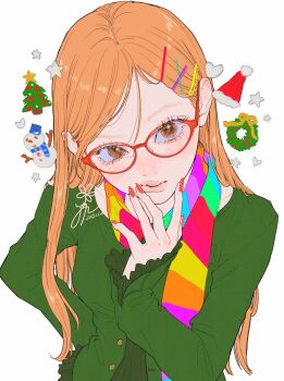 1girl aegyo_sal aqua_scarf arm_behind_back breasts christmas_tree christmas_wreath commentary dated english_commentary eyelashes flapper_shirt floating floating_hat floating_object freckles frilled_shirt frills from_above gold_buttons green_scarf green_shirt hair_behind_ear hair_ornament hairclip hairpin hand_on_own_face hat heart highres layered_shirt lensless_glasses long_hair long_sleeves looking_at_viewer medium_breasts multicolored_scarf nail_art orange_eyes orange_scarf original parallel_hairclips parted_hair pink_scarf polka_dot_nails raised_eyebrow red-framed_eyewear red_nails red_scarf santa_hat scarf shirt signature sleeves_past_wrists snowman star_(symbol) straight_hair swept_bangs thick_lips white_background wreath x_hair_ornament yellow_scarf yoshino_ganko