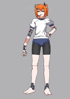 1girl a.i._voice absurdres adachi_rei alternate_costume android arm_at_side bike_shorts blue_shorts exercising flat_chest full_body grey_background hair_ribbon hand_on_own_hip hashtag-only_commentary headlamp highres kanbaru_mitsuki looking_at_viewer micro_shorts microphone open_mouth orange_hair radio_antenna ribbon shirt short_sleeves shorts side_ponytail simple_background solo standing utau white_ribbon white_shirt