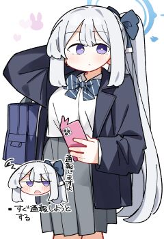 Rule 34 | 1girl, absurdres, arm behind head, arm up, bag, black jacket, blue archive, blue bow, blush, bow, cellphone, chibi, chibi inset, collared shirt, commentary request, dash b, diagonal-striped bow, dress shirt, grey hair, grey skirt, hair bow, halo, heart, highres, holding, holding phone, jacket, long hair, miyako (blue archive), multiple views, open clothes, open jacket, phone, pleated skirt, ponytail, purple eyes, school bag, shirt, simple background, skirt, squiggle, standing, striped bow, translation request, very long hair, white background, white shirt