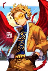 Rule 34 | 1boy, black gloves, blonde hair, blue shirt, boku no hero academia, border, closed mouth, cowboy shot, facial hair, falling feathers, feathers, fur-trimmed jacket, fur trim, gloves, goggles, gold trim, hands in pockets, hawks (boku no hero academia), headphones, highres, jacket, letterboxed, male focus, orange jacket, orange pants, pants, red feathers, red wings, shirt, short hair, signature, skaggshood, solo, superhero costume, white border, wings