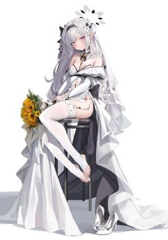 1girl absurdres bare_shoulders black_hairband blue_archive blush bouquet closed_mouth earrings feet flower full_body garter_belt garter_straps grey_hair grey_halo hair_ornament hairband halo high_heels highres himari_(blue_archive) holding holding_bouquet jewelry leviathan_(hikinito0902) long_hair looking_at_viewer off_shoulder pointy_ears purple_eyes shoes simple_background sitting smile solo stirrup_legwear stirrup_thighhighs thighhighs thighs toeless_legwear toes unworn_footwear unworn_shoes white_background white_footwear white_thighhighs