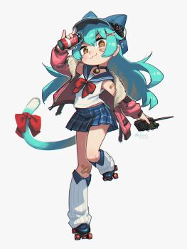 Rule 34 | 1girl, :3, absurdres, animal hat, bandaid, bandaid on cheek, bandaid on face, bandaid on knee, bandaid on leg, bandaid on shoulder, bare shoulders, black shoes, blue hair, blue hat, blue sailor collar, blue skirt, blush, bow, bowtie, brown eyes, cat girl, cat hat, cat tail, closed mouth, commentary, double-parted bangs, english commentary, full body, hair between eyes, hair ornament, hat, highres, holding, holding walkie-talkie, jacket, leg warmers, long hair, long sleeves, looking at viewer, miniskirt, off shoulder, open clothes, open jacket, original, plaid clothes, plaid skirt, pleated skirt, porforever, red bow, red bowtie, red jacket, roller skates, sailor collar, school uniform, serafuku, shirt, shoes, sidelocks, simple background, skates, skirt, sleeveless, sleeveless shirt, smile, solo, standing, standing on one leg, tail, tail bow, tail ornament, walkie-talkie, white background, white leg warmers, x hair ornament