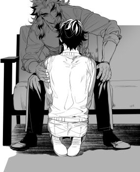 2boys between_legs collared_shirt colored_tips contemporary couch facing_away forked_eyebrows full_body greyscale hashimoto_(yanagi-momo) holding_another's_arm kamado_tanjirou kimetsu_no_yaiba kneeling long_hair long_sleeves looking_at_another male_focus monochrome multicolored_hair multiple_boys necktie on_couch pants rengoku_kyoujurou shade shirt shoes short_hair sidelocks sitting sleeves_rolled_up smile spread_legs streaked_hair sweater sweater_vest two-tone_hair yaoi