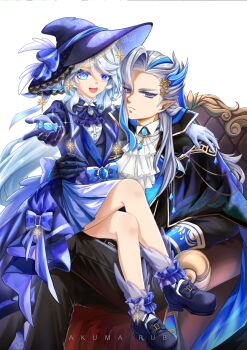 1boy 1girl :d akuma_ruby ascot asymmetrical_gloves bare_legs black_pants black_shoes blue_ascot blue_dress blue_eyes blue_gloves blue_hair bow brooch candy cape commentary dress food forehead furina_(genshin_impact) genshin_impact gloves grey_hair hat hat_bow highres holding holding_candy holding_food jewelry long_hair looking_at_viewer mismatched_gloves multicolored_hair neuvillette_(genshin_impact) open_mouth pants shoes short_dress simple_background smile streaked_hair very_long_hair white_ascot white_background white_gloves witch_hat