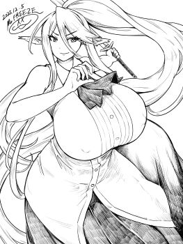 Rule 34 | 1girl, absurdres, animal ears, ascot, bare shoulders, breasts, centaur, centorea shianus, covered erect nipples, dated, dress, greyscale, highres, holding, holding sword, holding weapon, horse ears, huge breasts, incoming attack, long hair, monochrome, monster girl, monster musume no iru nichijou, mrfreeze estoid, pointy ears, ponytail, signature, sleeveless, sleeveless dress, smile, solo, sword, taur, weapon, white background