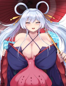 Rule 34 | 1girl, bare shoulders, blue background, blue kimono, blue nails, blush, border, breasts, character request, cleavage, dot nose, eyelashes, female focus, fish, floating hair, ginzake (mizuumi), grey eyes, grey hair, half-closed eyes, holding, holding umbrella, huge breasts, japanese clothes, japanese text, kimono, looking at viewer, lower teeth only, open mouth, red umbrella, shiny skin, skindentation, smile, solo, standing, teeth, tentacles, translation request, umbrella, w arms, white border, wide sleeves