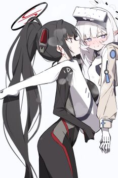 2girls absurdres black_bodysuit black_gloves black_hair black_halo blue_archive blush bodysuit breasts carrying closed_mouth commentary_request gloves halo head-mounted_display highres himari_(armed)_(blue_archive) himari_(blue_archive) large_breasts long_hair looking_at_another mmhomm multicolored_halo multiple_girls official_alternate_costume pointy_ears ponytail purple_eyes red_eyes red_halo rio_(armed)_(blue_archive) rio_(blue_archive) small_breasts two-tone_halo very_long_hair white_bodysuit white_gloves white_hair white_halo yuri