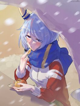 Rule 34 | 1girl, absurdres, animal ears, blue eyes, blue hair, blue scarf, blush, breasts, commentary request, ear covers, eating, food, fruit, hair between eyes, highres, holding, holding food, holding fruit, horse ears, horse girl, jacket, k.s.miracle (umamusume), long sleeves, orange (fruit), orange slice, parted lips, red jacket, saramiao-chan, scarf, short hair, snow, snowing, solo, tracen training uniform, track jacket, umamusume
