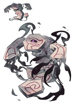 bairizuomeng black_sclera claws colored_sclera full_body gen_8_pokemon highres looking_at_viewer nintendo no_humans pokemon pokemon_(creature) pokemon_focus purple_eyes reference_inset runerigus simple_background solo white_background