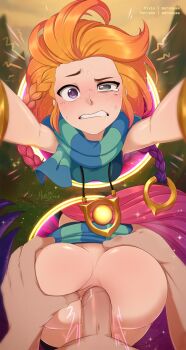 1boy 1girl anal anus armlet ass ass_grab breasts clenched_teeth freckles hair_ornament hetero heterochromia highres jewelry league_of_legends long_hair merunyaa multicolored_hair necklace orange_hair penis portal_(object) sex small_breasts sparkle spread_anus spread_ass teeth uncensored zoe_(league_of_legends)