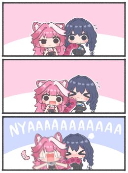 >_< 0_0 2girls :< absurdres animal_ears biting_another's_tail black_dress blue_hair blush_stickers braid controller dress fangs game_controller hair_intakes highres hololive hololive_english long_hair mpien multicolored_hair multiple_girls open_mouth ouro_kronii ouro_kronii_(maid) panther_ears panther_girl panther_tail pink_hair raora_panthera raora_panthera_(1st_costume) screaming smile streaked_hair tail tears twin_braids virtual_youtuber white_hair