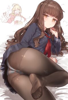 2girls :/ absurdres ass bad_link black_serafuku black_shirt black_skirt blue_panties blush brown_eyes brown_hair brown_pantyhose closed_mouth ebora fate/extra fate/extra_ccc fate_(series) feet foot_out_of_frame frown grin highres kishinami_hakuno_(female) legs long_hair looking_at_viewer miniskirt multiple_girls neckerchief nero_claudius_(fate) nero_claudius_(fate/extra) no_shoes panties panties_under_pantyhose pantyhose pleated_skirt red_neckerchief school_uniform serafuku shirt simple_background skirt smile soles solo_focus striped_clothes striped_panties thighband_pantyhose thighs thumbs_up toes trefoil tsukumihara_academy_uniform_(fate/extra_ccc) underwear white_background white_panties