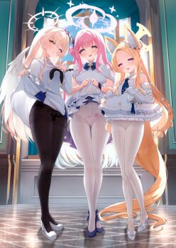 3girls angel_wings animal_ear_fluff animal_ears backlighting black_neckerchief black_pantyhose blonde_hair blue_archive blue_bow blue_bowtie blue_necktie blue_shoes blush bow bowtie braid brown_eyes brown_hair buttons capelet clothes_lift commentary_request cross_halo crown_braid detached_sleeves double-breasted double-parted_bangs dress dress_lift ear_wreath feathered_wings flower footwear_bow fox_ears fox_girl fox_tail frilled_dress frills gradient_eyes hair_bun hair_flower hair_ornament halo hand_on_own_chest hato_haru high_collar high_heels highres layered_sleeves lifting_own_clothes long_hair long_sleeves looking_at_viewer low_wings mika_(blue_archive) multicolored_eyes multiple_girls nagisa_(blue_archive) neckerchief necktie open_mouth panties panties_under_pantyhose pantyhose petticoat pink_eyes pink_hair pink_halo pumps scrunchie see-through_pantyhose seia_(blue_archive) shoes short_over_long_sleeves short_sleeves shrug_(clothing) side_up_bun single_side_bun sleeveless sleeveless_dress sleeves_past_fingers sleeves_past_wrists smile striped_clothes striped_pantyhose tail tea_party_(blue_archive) torn_clothes torn_pantyhose underwear vertical-striped_clothes vertical-striped_pantyhose very_long_hair white_capelet white_dress white_pantyhose white_shrug white_wings window wings wrist_scrunchie yellow_eyes yellow_halo