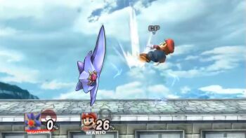 1boy alien big_nose blue_eyes blue_overalls brown_hair colored_skin facial_hair game_screenshot_background gem gen_1_pokemon gloves hat highres long_legs long_sleeves mario mario_(series) mega_pokemon mega_starmie mustache nintendo no_eyes overalls pokemon pokemon_(creature) ppps purple_skin red_gemstone red_hat red_shirt screenshot_background shirt starfish starmie super_smash_bros. white_gloves