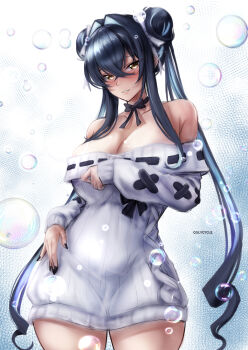 1girl absurdres bare_shoulders black_hair breasts bubble colored_inner_hair colycycle double_bun dress goddess_of_victory:_nikke hair_between_eyes hair_bun hair_intakes highres large_breasts little_mermaid_(beautiful_bubble)_(nikke) little_mermaid_(nikke) long_hair looking_at_viewer multicolored_hair off-shoulder_sweater off_shoulder official_alternate_costume official_alternate_hairstyle smile solo sweater twintails very_long_hair yellow_eyes