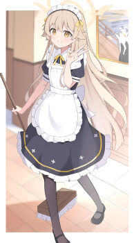 1girl absurdres alternate_costume apron black_dress black_pantyhose black_shoes blue_archive brown_eyes brown_hair closed_mouth commentary_request dress enmaided fine_art_parody full_body halo hifumi_(blue_archive) highres holding holding_mop indoors long_hair looking_at_viewer maid maid_apron maid_headdress mary_janes mop neck_ribbon painting_(object) pantyhose parody peroro_(blue_archive) pigeon-toed puffy_short_sleeves puffy_sleeves ribbon shoes short_sleeves smile the_scream thighs v very_long_hair white_apron white_headdress yellow_halo yellow_ribbon yoi0341