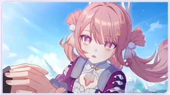 Rule 34 | 1girl, ahoge, blue sky, bow, breasts, choker, cleavage, close-up, cloud, dress, fantasy, flower, foreshortening, frilled dress, frills, gradient eyes, hair flower, hair ornament, hand focus, honkai (series), honkai impact 3rd, looking at viewer, multicolored eyes, non-web source, off shoulder, official art, open mouth, outdoors, pastel colors, pink hair, puffy sleeves, purple eyes, reaching, reaching towards viewer, sky, solo, sparkling eyes, twintails, upper body, youyun (honkai impact)