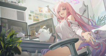 Rule 34 | 1girl, absurdres, angel wings, bare shoulders, blue archive, blurry, blurry foreground, breasts, calendar (object), chair, commentary, computer keyboard, cup, feathered wings, hair bun, halo, highres, indoors, large breasts, long hair, looking at viewer, low wings, mika (blue archive), monitor, open mouth, peroro (blue archive), pink hair, pink halo, plant, see-through clothes, see-through shirt, see-through silhouette, shirt, single side bun, sitting, smile, solo, swivel chair, teacup, teeth, thighs, totomong, upper teeth only, white shirt, white wings, wings, yellow eyes