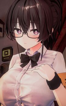 1girl 3d 3d_background :| absurdres armband black_hair breasts button_gap closed_mouth commentary expressionless glasses highres indoors kazama_ritsuko large_breasts long_hair looking_at_viewer nervous nervous_sweating ponytail purple_eyes school_uniform simple_background solo solo_focus sweat sweatdrop untranslatable_commentary vrc_marvelous vrchat wristband