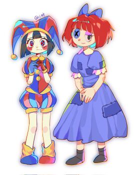 2girls artist_name asymmetrical_footwear asymmetrical_gloves black_eyes black_footwear black_hair blue_bodysuit blue_eyes blue_footwear blue_gloves blue_headwear blunt_bangs blunt_ends blush_stickers bob_cut bodysuit boots button_eyes buttons closed_mouth commentary dress english_commentary eyelashes eyeshadow gloves hat highres jester jester_cap light_smile looking_at_viewer lowered_eyelids makeup mismatched_footwear mismatched_gloves multicolored_bodysuit multicolored_eyes multicolored_headwear multiple_girls nervous own_hands_together patchwork_clothes pink_eyeshadow pom_pom_(clothes) pomni_(the_amazing_digital_circus) puffy_pants puffy_short_sleeves puffy_sleeves purple_dress ragatha_(the_amazing_digital_circus) red_eyes red_footwear red_gloves red_hair red_headwear short_hair short_sleeves side-by-side signature simple_background smile symbol-shaped_pupils the_amazing_digital_circus twitter_username two-tone_eyes v_arms vertical-striped_bodysuit w_arms wavy_mouth white_background worried xiaoshi_hour yellow_bodysuit yellow_headwear