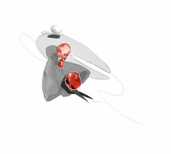 Rule 34 | 1girl, artist name, ben-day dots, black eyes, bubble, cloak, commentary, full body, hashtag-only commentary, highres, hightguy, hollow knight, hollow knight: silksong, hornet (hollow knight), horns, looking up, screentones, solo, spot color, thread, white background