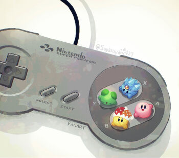 :d :o beam_kirby blue_skin blush_stickers closed_mouth colored_skin commentary_request controller d-pad game_controller green_skin hat ice_kirby jester_cap kirby kirby_(series) looking_at_viewer nintendo no_humans open_mouth orange_hat red_hat simple_background smile super_famicom_gamepad suyasuyabi twitter_username two-tone_headwear waving white_background yellow_skin