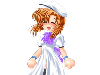 1girl beret black_thighhighs blue_eyes bow bowtie bracelet breasts closed_mouth dress eyes_visible_through_hair game_cg hair_between_eyes hat higurashi_no_naku_koro_ni jewelry large_variant_set medium_breasts multiple_bracelets no_nose orange_hair parted_bangs purple_bow purple_bowtie ryukishi07 ryuuguu_rena short_hair short_sleeves smile thighhighs variant_set white_dress white_hat