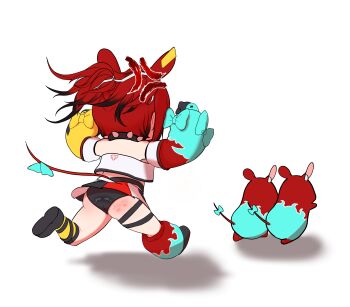 1girl absurdres anger_vein animal_ears ass asymmetrical_sleeves black_gloves black_hair black_panties black_skirt blue_eyes butayaro_kr chibi chibi_only clenched_hand collar commentary_request gloves hakos_baelz hakos_baelz_(1st_costume) highres hololive hololive_english korean_commentary long_hair mismatched_sleeves mouse_ears mouse_girl multicolored_hair multicolored_skirt panties red_hair red_skirt shirt single_leg_warmer skirt slap_mark spanked spiked_collar spikes underwear virtual_youtuber white_hair white_shirt white_skirt