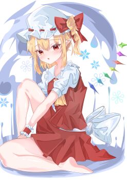 1girl absurdres ascot bare_legs barefoot blonde_hair blush bow crystal_wings fang flandre_scarlet full_body hair_between_eyes hat highres looking_at_viewer mister_eru mob_cap open_mouth pointy_ears puffy_short_sleeves puffy_sleeves red_eyes red_ribbon red_skirt ribbon shirt short_sleeves side_ponytail sitting skirt snowflakes solo touhou white_shirt wings wrist_cuffs yellow_ascot