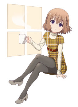 1girl black_pantyhose blend_s brown_hair closed_mouth cup expressionless hair_between_eyes hoshikawa_mafuyu long_sleeves looking_at_viewer mug pantyhose purple_eyes shirt short_hair solo tagme ushio_(0632cd-0729jf) wavy_hair