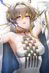 Rule 34 | 1girl, absurdres, arknights, armpits, bare shoulders, blonde hair, blue hair, breasts, choker, commentary, grey eyes, grey hair, hair intakes, highres, jewelry, long hair, looking at viewer, necklace, off shoulder, onedr, open mouth, shu (arknights), small breasts, solo, strapless, tube top, upper body, very long hair, white background