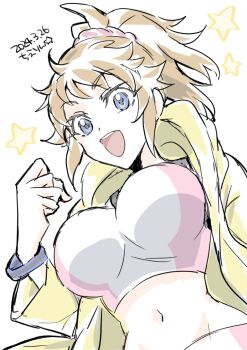 1girl bike_shorts blue_eyes breasts brown_hair gundam gundam_build_fighters gundam_build_fighters_try highres hoshino_fumina huge_breasts jacket large_breasts looking_at_viewer medium_hair midriff navel open_mouth ponytail scrunchie simple_background smile solo sports_bra two-tone_sports_bra yanada_kiyorin