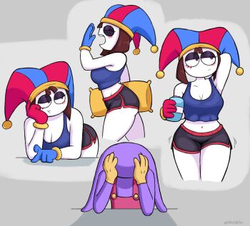 absurdres animal_ears asymmetrical_gloves black_shorts blue_eyes blue_gloves blue_tank_top blush_stickers breasts brown_hair cleavage colored_skin gloves hat hat_bell highres jax_(the_amazing_digital_circus) jester_cap medium_breasts midriff multicolored_eyes navel overalls pillow pink_overalls pomni_(the_amazing_digital_circus) purple_skin rabbit_boy rabbit_ears red_eyes red_gloves shorts sketchfins tank_top the_amazing_digital_circus two-tone_eyes white_skin