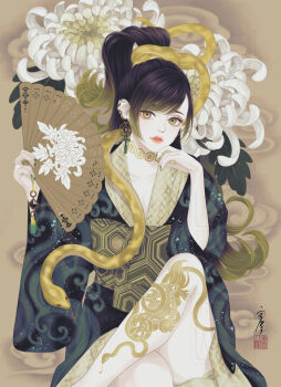 1girl absurdres black_kimono brown_hair chinese_mythology colored_tips commentary_request crossed_legs earrings feet_out_of_frame flower folding_fan genbu half_updo hand_fan highres holding holding_fan japanese_clothes jewelry kimono leg_tattoo lips long_hair looking_at_viewer multicolored_hair nail_polish obi original personification sash seal_impression signature sitting snake snake_tattoo solo tattoo ushiyama_ame watermark wave_print white_flower yellow_eyes