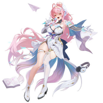1girl :d absurdres aemeath_(wuthering_waves) ahoge asymmetrical_footwear birkai book boots breasts commentary_request elbow_gloves full_body glitch gloves hair_ornament headphones highres holding holding_microphone large_breasts leotard long_hair looking_at_viewer microphone open_book open_mouth orange_eyes paper_airplane partial_commentary pink_hair showgirl_skirt simple_background skirt smile solo uneven_footwear white_background white_boots white_gloves white_leotard white_skirt wuthering_waves