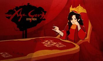 1boy amonimy black_eyes black_hair black_lips black_nails bracer braid card chair character_name chinese_clothes curtains dice fingernails frown gambling hanfu head_on_hand high_collar hua_cheng indoors long_fingernails long_hair long_sleeves male_focus playing_card pointy_ears red_hanfu red_robe red_theme robe russian_text side_braid sitting solo table tianguan_cifu translated