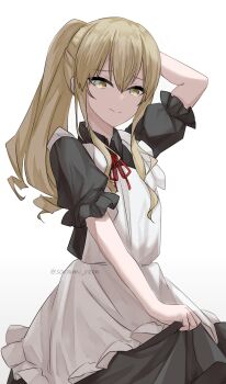 1boy arm_behind_head artist_name blonde_hair cowboy_shot crossdressing crossdressing_(mtf) frills highres long_hair looking_at_viewer maid male_maid mixed-language_commentary original ponytail solo sorami_rem trap white_background yellow_eyes