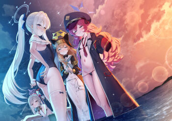 4girls adjusting_clothes adjusting_swimsuit animal_ear_headwear armband ass bikini bikini_under_clothes black_bikini black_hat black_veil blue_archive blue_eyes blue_halo blue_one-piece_swimsuit blush breasts cameltoe commentary_request covered_erect_nipples cowboy_shot dutch_angle elbow_gloves fake_animal_ears fluffy_hair frilled_one-piece_swimsuit frills gehenna_academy_logo gloves grey_eyes hair_between_eyes halo hat heavy_lens_flare iroha_(blue_archive) jacket lens_flare long_hair long_sleeves looking_at_viewer mari_(blue_archive) matanonki miyako_(blue_archive) miyako_(swimsuit)_(blue_archive) multiple_girls mutsuki_(blue_archive) mutsuki_(dress)_(blue_archive) navel necktie nun off-shoulder_one-piece_swimsuit off_shoulder official_alternate_costume one-piece_swimsuit orange_hair pandemonium_society_(blue_archive) peaked_cap ponytail purple_eyes purple_halo red_armband red_hair red_necktie shooting_star small_breasts smile sparkle swimsuit swimsuit_under_clothes thighhighs twilight veil wading white_gloves white_hair white_thighhighs yellow_halo